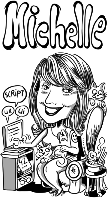 Michelle Davison sitting with cats, scripting with UI/UX, pictured with crochet needles and Harry Potter glasses