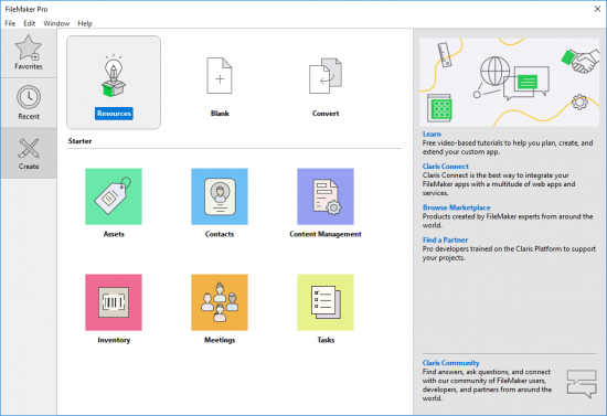 Claris' FileMaker launch screen points the user to several templates pre-designed for tracking assets, contacts, content management, inventory, meetings and tasks. Many additional free and paid templates available for download can be found on the Claris Marketplace.