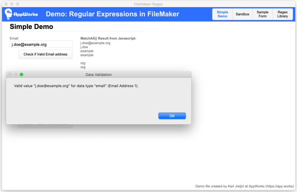 Screenshot of a RegEx test result in FileMaker