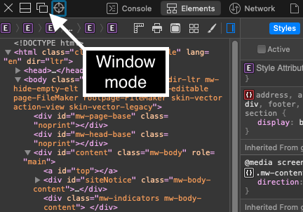 Web development tools shown in window mode