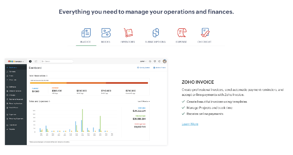 Sample finance app from Zoho's pre-made applications