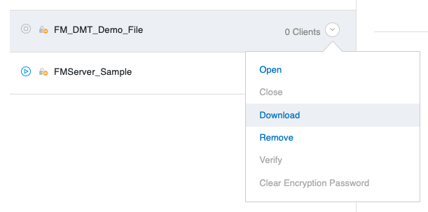 Clicking on download from the FileMaker admin console